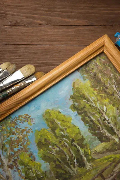 Pincel e pintura em madeira — Fotografia de Stock