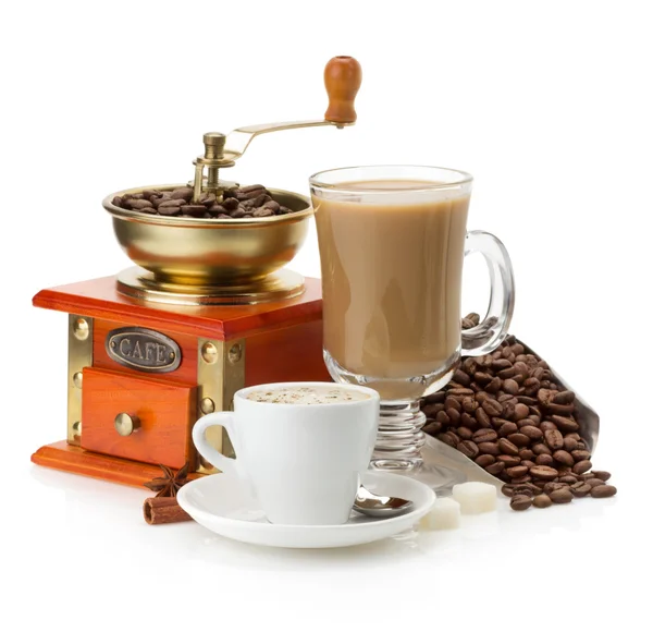 Cup of coffee and beans on white — Stock Photo, Image