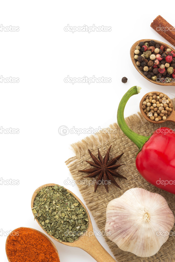 food ingredients and spices isolated on white background