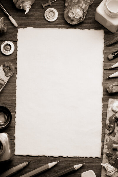 brush and painting on wood