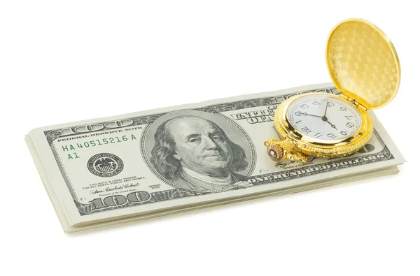 Dollar bankbiljetten en horloge op wit — Stockfoto