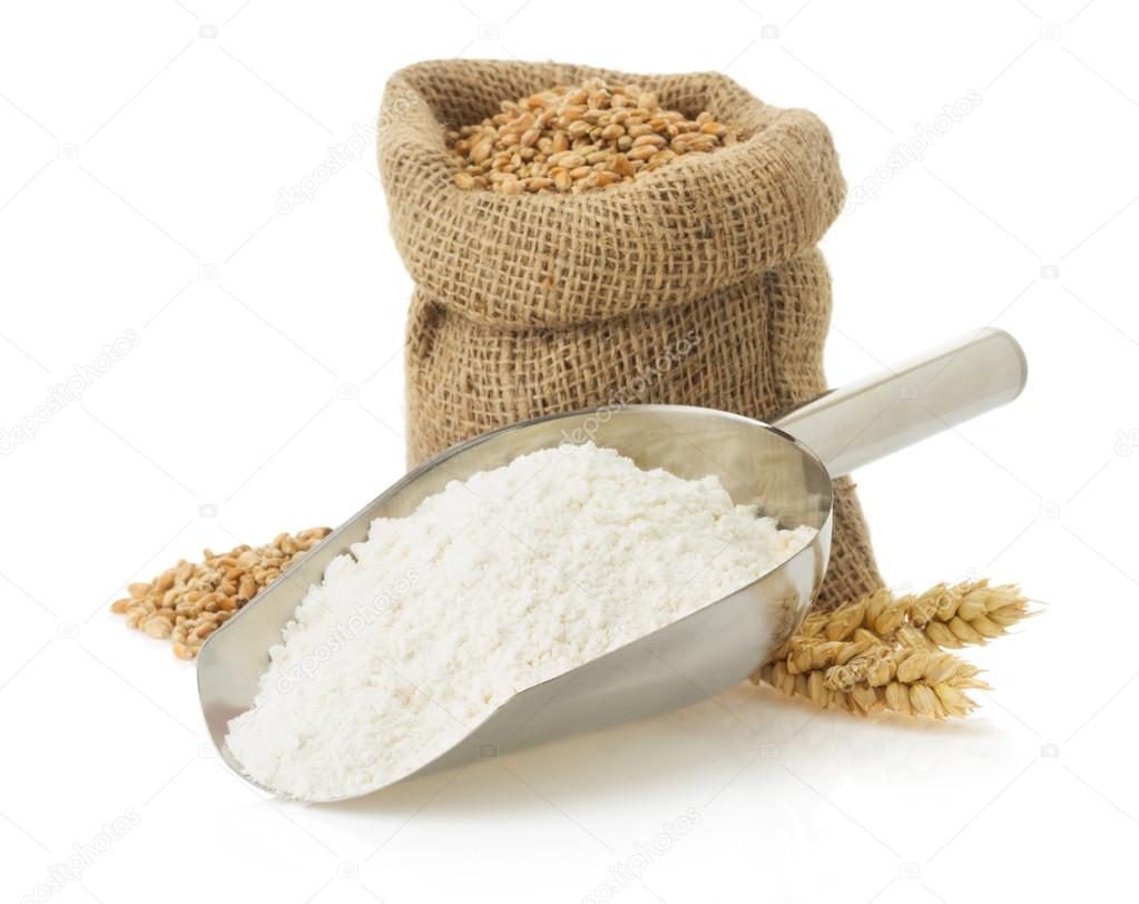 wheat flour and bread on white