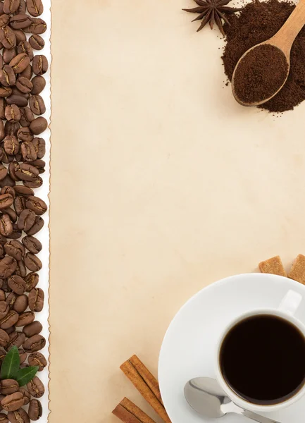 Taza de café y pergamino —  Fotos de Stock