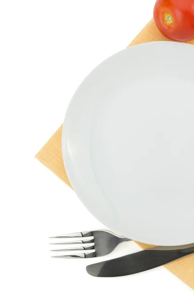 Placa, faca e garfo em branco — Fotografia de Stock