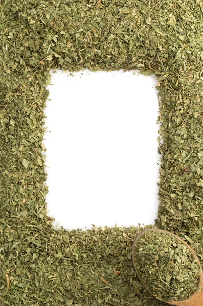 Kurutulmuş kaşık içinde yeşil baharatlar — Stok fotoğraf