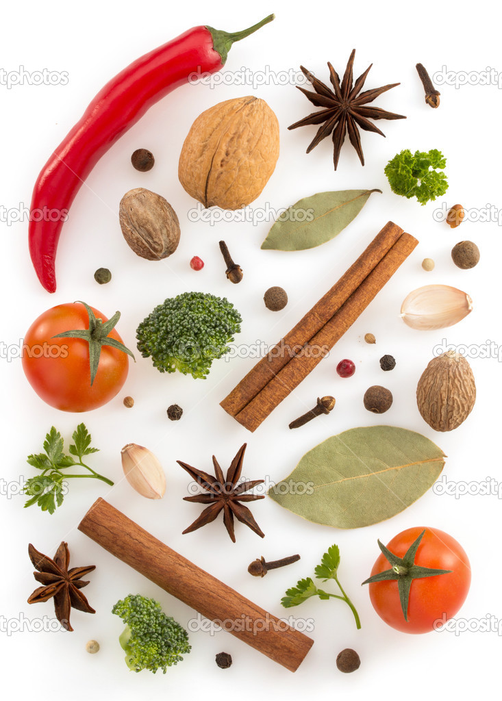 herbs and spices on white 