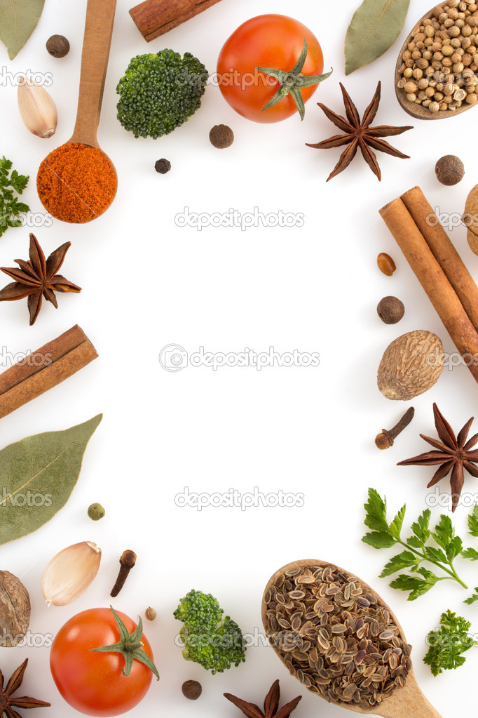 herbs and spices on white 