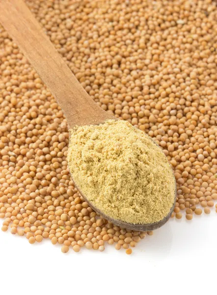 Mustard powder in spoon — Stock Photo, Image