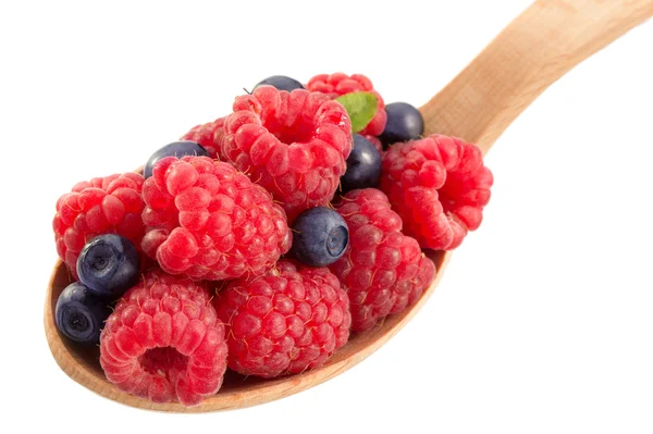 Blueberry and  raspberry in spoon — Stock Photo, Image
