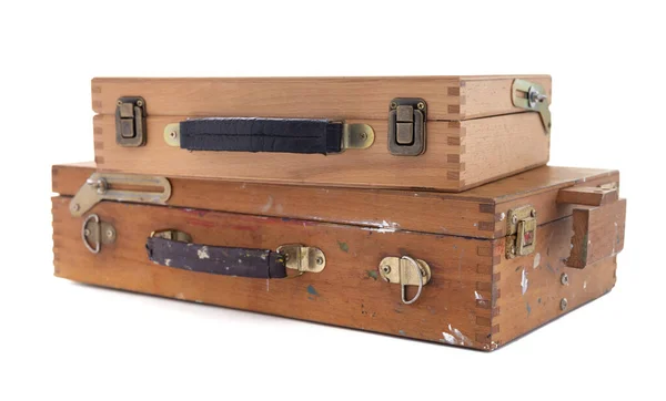 木制艺术家画架盒隔离在白色背景上 木材漆箱 — 图库照片