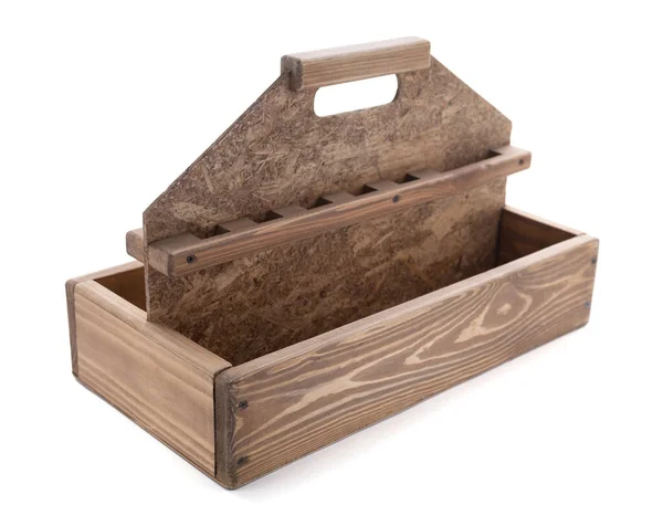 木製の道具箱は白い背景で隔離された 空の木工具箱 — ストック写真