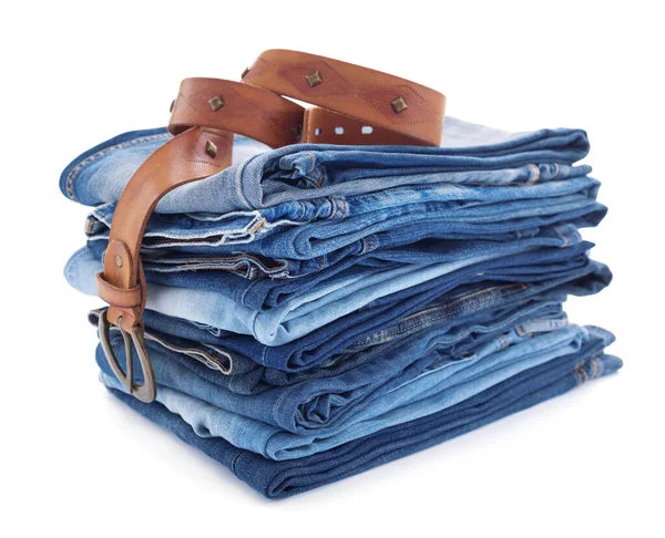 Jeans Denim Cintura Pelle Isolata Fondo Bianco Pila Jeans — Foto Stock