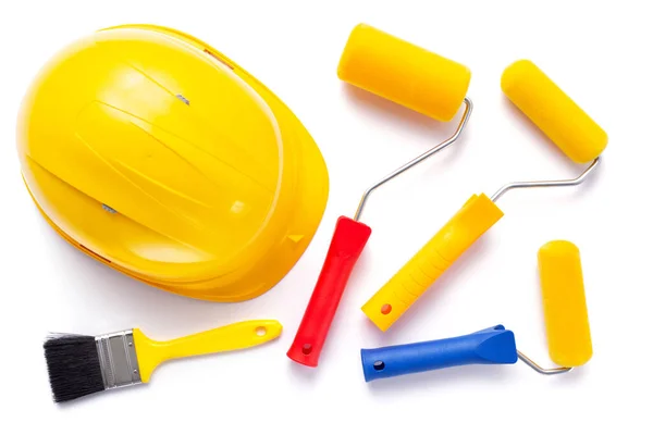 Paint Roller Hard Hat Isolated White Background Construction Helmet Tool — Stock Photo, Image