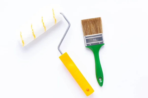 Outil Pinceau Rouleau Peinture Sur Fond Blanc Outils Construction Pour — Photo