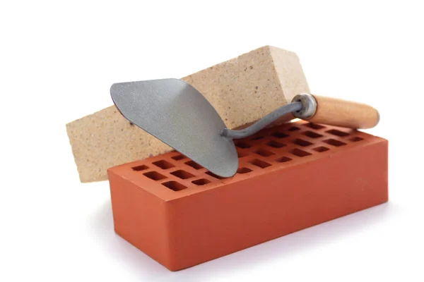 Brick Trowel Tool Geïsoleerd Witte Achtergrond Bouwsteen Met Metselaar Wit — Stockfoto