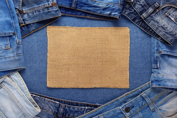 Blauwe Jeans Denim Achtergrond Jute Hessian Sacking Textuur Spijkerstof — Stockfoto