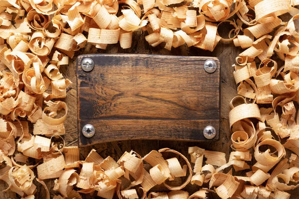 Houtkrullen Naamplaat Tafelondergrond Houten Scheermes Oude Plank Textuur — Stockfoto