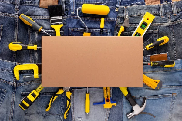Kit Construction Tools Jeans Pocket Background Texture House Renovation Concept — Stock Photo, Image