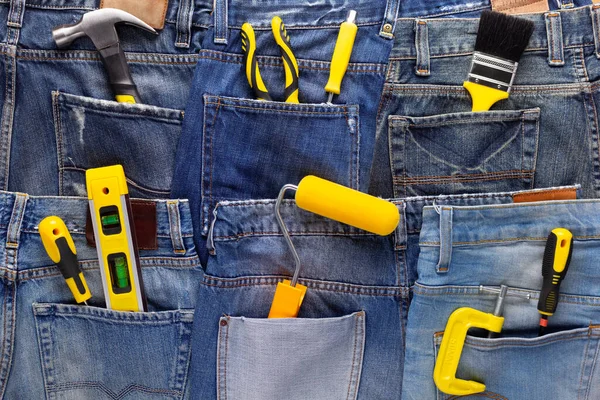 Kit Von Bauwerkzeugen Jeans Tasche Hintergrund Textur Haussanierungskonzept — Stockfoto