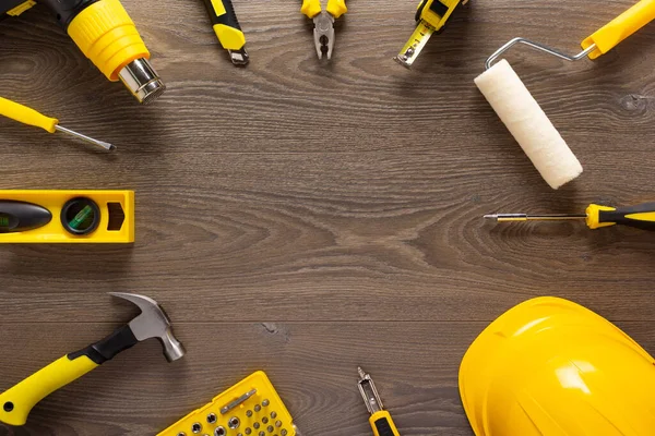 Holzlaminat Und Werkzeuge Boden Hintergrundstruktur Holzlaminat Von Oben — Stockfoto