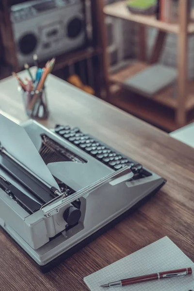 Writer Screenwriter Creative Concept Notebook Vintage Old Typewriter Wooden Desk — Stock Photo, Image