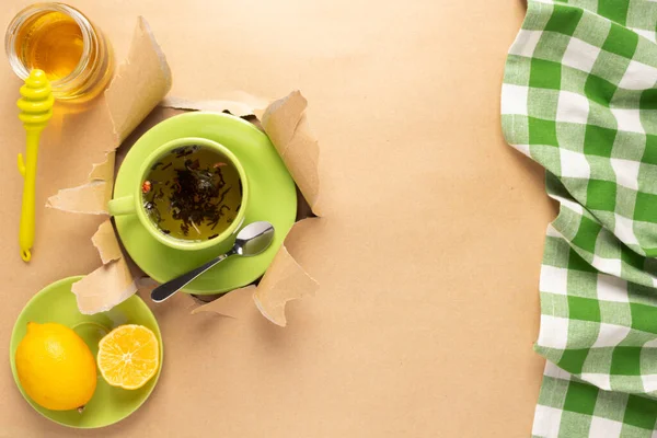 Cup Tea Lemon Honey Torn Paper Mug Full Green Tea — Stock Photo, Image