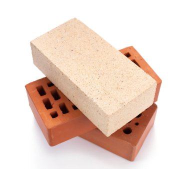 Beyaz arka planda izole edilmiş beton tuğla. Beyazda inşaat tuğlası