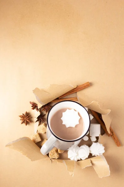 Cup Cacao Ingredients Torn Paper Coffee Milk Paper Background — Stock Photo, Image