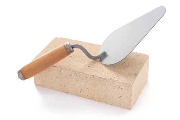 Brick Trowel Tool Geïsoleerd Witte Achtergrond Bouwsteen Met Metselaar Wit — Stockfoto