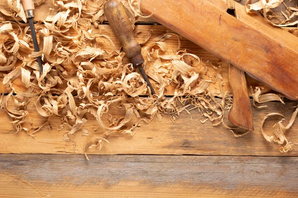 Hobel Tischler Tischler Oder Tischler Werkzeug Und Holzspäne Holzbearbeitungswerkzeuge Auf — Stockfoto