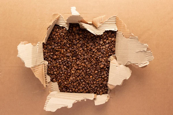 Coffee Beans Torn Cardboard Paper Coffee Bean Backround Copy Space — Stock Photo, Image