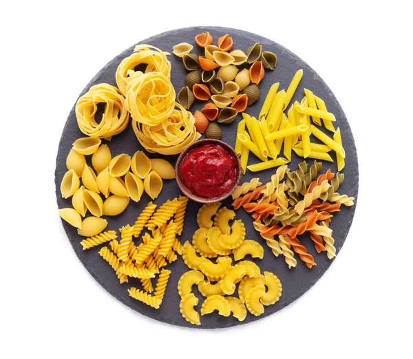 Pasta Collection Food Isolated White Background Raw Pasta Assortment Slate — Zdjęcie stockowe