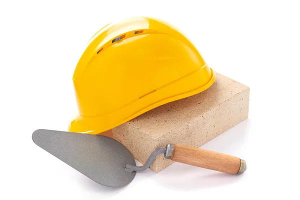 Construction Hardhat Brick Isolated White Background Construction Concept White — Stock Photo, Image