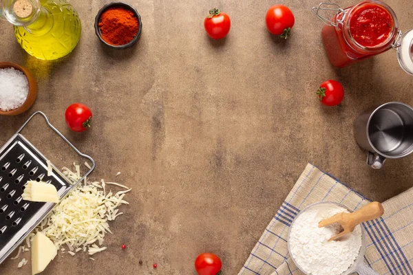 Pizza Ingredients Table Bread Recipe Cooking Tabletop Background — Foto Stock