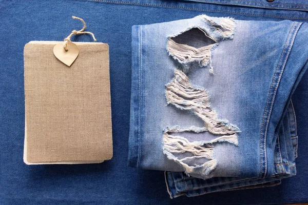 Price Tag Label Jeans Background Texture Blue Jeans Denim Fabric —  Fotos de Stock