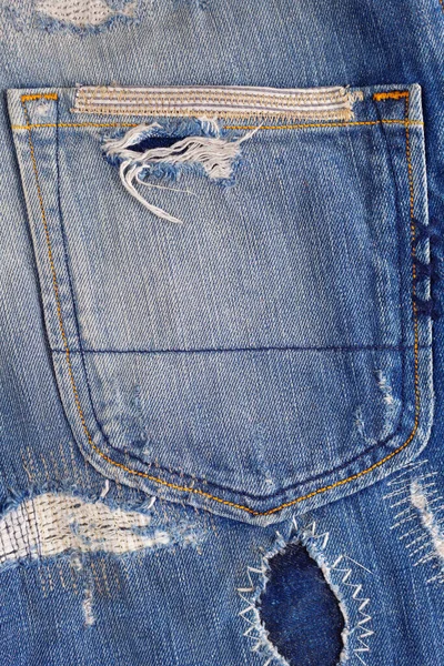 Torn Jeans Pocket Denim Background Texture Blue Jeans Fabric Material — Fotografia de Stock