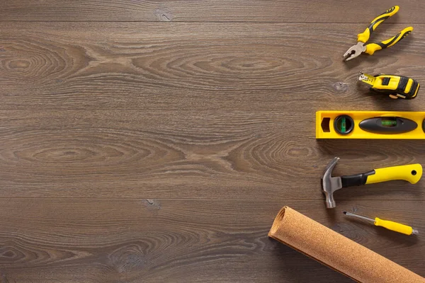 Wood Laminate Background Tools Floor Texture Wooden Laminate Top View — Stockfoto