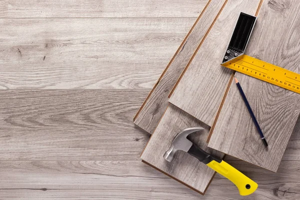 Wood Laminate Background Tools Floor Texture Wooden Laminate Top View — Φωτογραφία Αρχείου