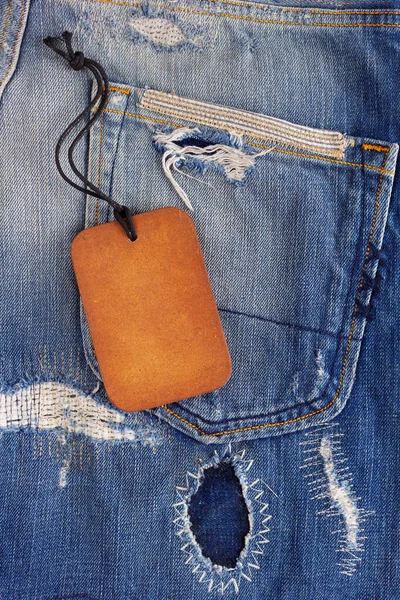 Wooden Price Tag Label Jeans Background Texture Blue Jeans Denim — Fotografia de Stock