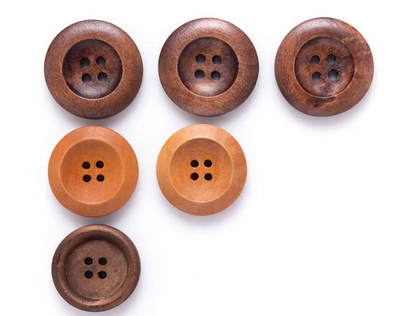 Button Isolated White Background Wooden Buttons Collection Closeup — Stockfoto