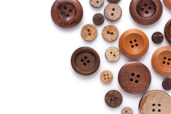 Button Isolated White Background Wooden Buttons Collection Closeup — Stok fotoğraf