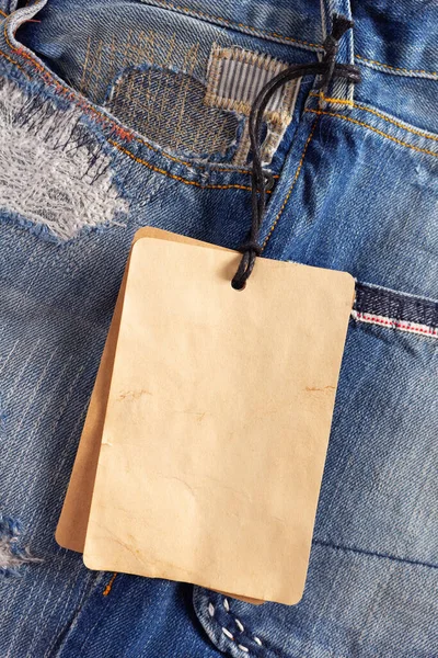 Blå Jeans Denim Hög Med Tag Pris Bakgrund Jeans Tyg — Stockfoto