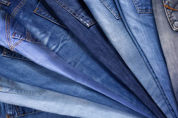 Blå Jeans Denim Hög Bakgrund Jeans Tyg Stack Och Ficka — Stockfoto