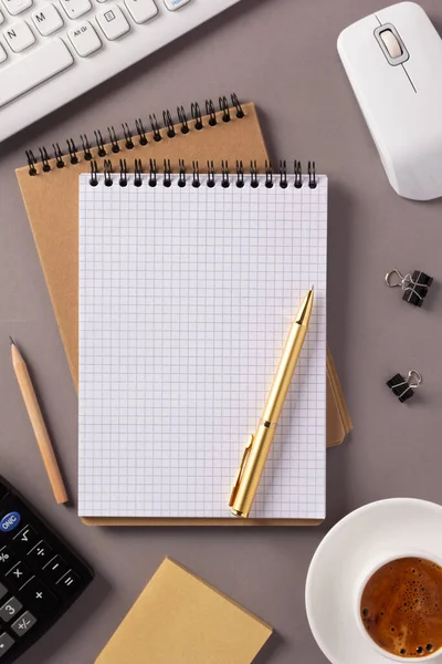 Manager Student Werkplek Notebook Met Vaste Benodigdheden Aan Tafel Achtergrond — Stockfoto