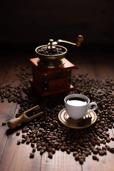 Cup Coffee Beans Wooden Table Homemade Coffee Table Background — Stock Photo, Image