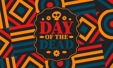 Kasım 'da Ölüler Günü. Ölülerin anısına adanmış bir tatil. Yıllık kutlamaları Meksika ve diğer Latin Amerika ülkelerinde yapın. Meksika ve İspanyol gelenekleri ve kafatası dokusu. Vektör posteri