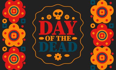 Kasım 'da Ölüler Günü. Ölülerin anısına adanmış bir tatil. Yıllık kutlamaları Meksika ve diğer Latin Amerika ülkelerinde yapın. Meksika ve İspanyol gelenekleri ve kafatası dokusu. Vektör posteri