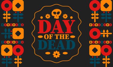 Kasım 'da Ölüler Günü. Ölülerin anısına adanmış bir tatil. Yıllık kutlamaları Meksika ve diğer Latin Amerika ülkelerinde yapın. Meksika ve İspanyol gelenekleri ve kafatası dokusu. Vektör posteri