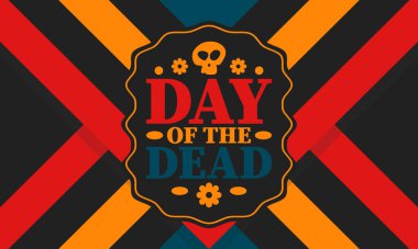 Kasım 'da Ölüler Günü. Ölülerin anısına adanmış bir tatil. Yıllık kutlamaları Meksika ve diğer Latin Amerika ülkelerinde yapın. Meksika ve İspanyol gelenekleri ve kafatası dokusu. Vektör posteri