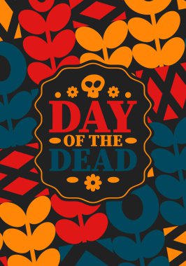 Kasım 'da Ölüler Günü. Ölülerin anısına adanmış bir tatil. Yıllık kutlamaları Meksika ve diğer Latin Amerika ülkelerinde yapın. Meksika ve İspanyol gelenekleri ve kafatası dokusu. Vektör posteri